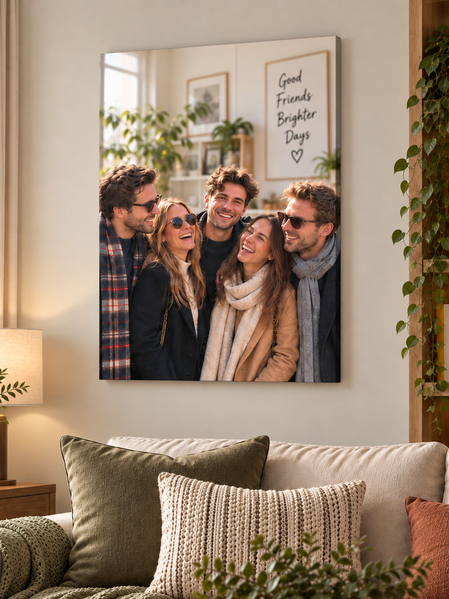 A custom family photo canvas print hanging on a beige wall above a cozy living room sofa with green and cream pillows, a throw blanket, and a round wooden coffee table in the foreground.